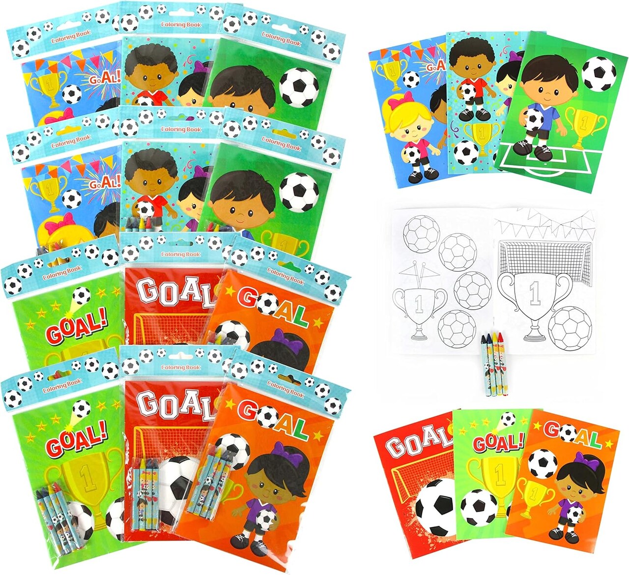TINYMILLS Soccer Coloring Books for Kids with 12 Coloring books and 48 Crayons, Fun Team Birthday Party Favors, Goodie Bag Stuffers, Prizes, Favor Bag Filler, Team Party Prizes